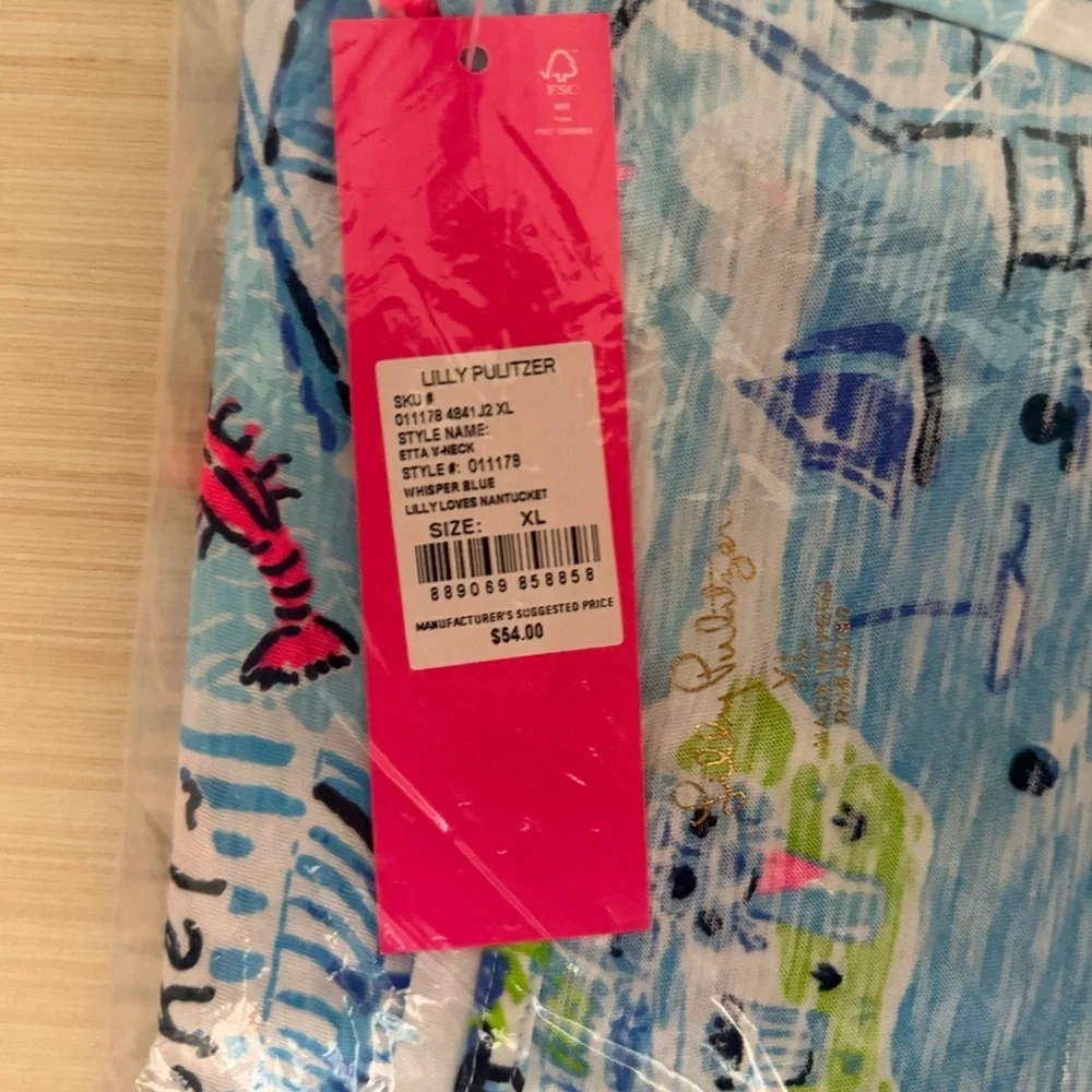 NWT LILLY PULITZER Etta V-Neck Top - Whisper Blue Lilly Loves Nantucket Size XL - Picture 3 of 3